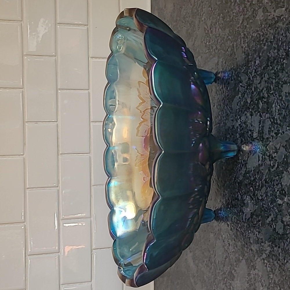 Vintage Carnival Glass Iridescent Blue Oval Footed Fruit Salad Serving Bowl